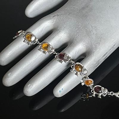.925 Sterling Silver Genuine Amber Elephant Link Bracelet 
