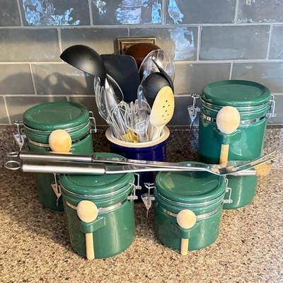4pc Green Canister Set & Stoneware with Utensils 