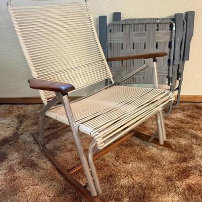 Telescope Outdoor Folding Sling Rocker w/ Wooden Arms, Plus 2 Other Webbed Patio Chairs