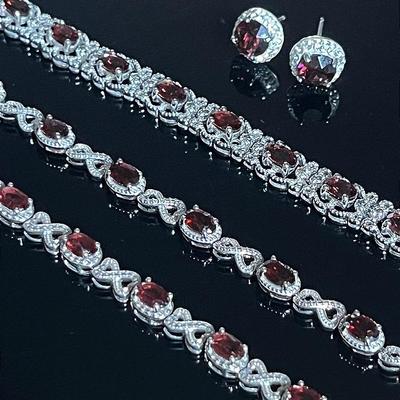 .925 Sterling Silver Red Stone Marcasite Link Bracelets (3) and Stud Earrings