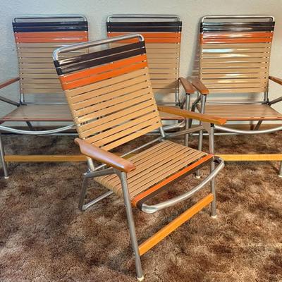 Telescope Folding Patio Chairs (4) With Plastic Webbing & Wooden Arms