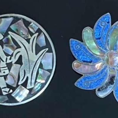 Mexican Inlaid Sterling Silver Pendant and Brooch