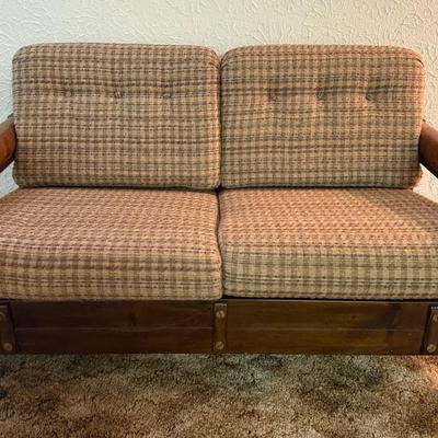 Mid-Century Rustic Loveseat with Plaid/Tweed Upholstery, Slatted Back, Leather Arms