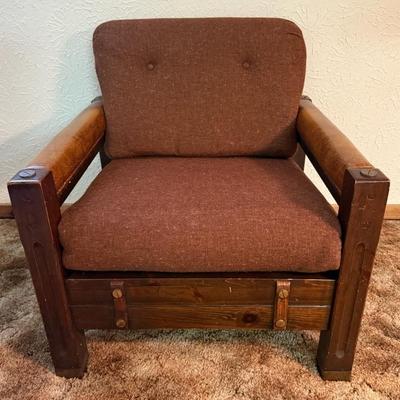 Mid-Century Rustic Chair with Brown Upholstery, Slatted Back, Leather Arms