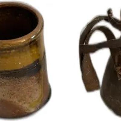 Vintage Ceramic Cup and Leather-Bound Pouch