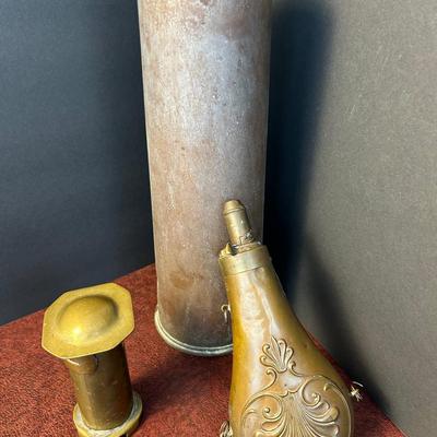 Vintage Brass Gunpowder Flask; Trench Art Vase 11.5" & Bank 4"