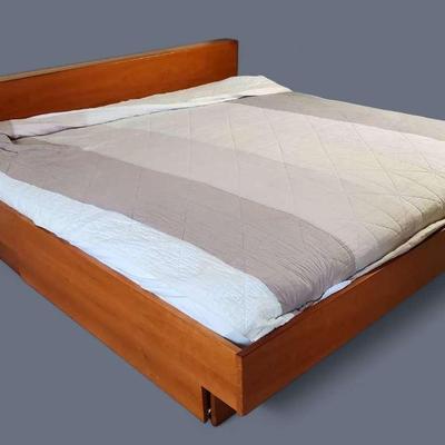 Teak Finish King Platform Bed Frame With Storage Drawers 