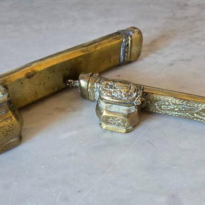 Two Vintage Brass Qalamdan - Pen Cases with Inkwells  - Lot 2