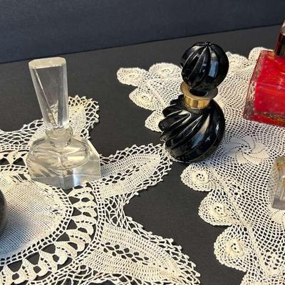 Art Glass Vandermark Signed Perfume Bottle, Plus Black Swirl, Gilded & More, with Lace Doilies 