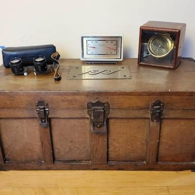 Wooden Chest with Soviet Komz Binoculars, Gimbaled Brass Compass & Airguide Weather Station 