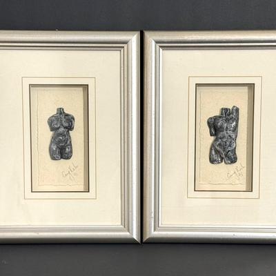 Signed Male & Female Nude Torso Scultptures In Shadowbox Frames 