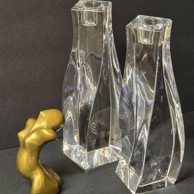 French Mid Century Bronze Torso 4”h & Signed Orrefors Sweden Crystal Residence Candlesticks  7.5”h