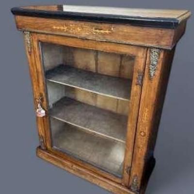 Vintage Glass Door Cabinet /Hutch With Inlaid Wood & Ormolu Accents
