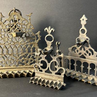 Judaica: Vintage Cast Bronze & Metal Oil Burning Hanukkiot / Menorahs