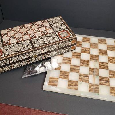 Marquetry Mother Of Pearl Inlaid Folding Game Board & Stone Chess Board