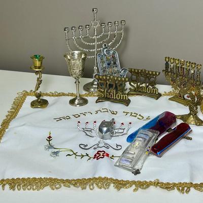 Judaica: Hanukah Menorahs, Pewter Dreidel, Fused Glass Mezuzah, Challah Cover, Kiddush Cup
