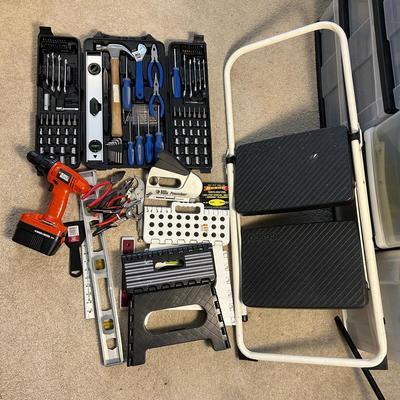 Tool Set, Black & Decker Cordless Drill, Powershot Stapler, Folding Stools