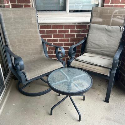 Outdoor Seating: Highbacked Swivel Chair & Armchair Pair with Side Table