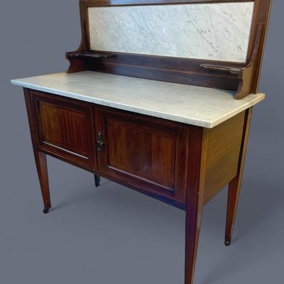 Marble Top Inlaid Wood Washstand / Sideboard On Casters