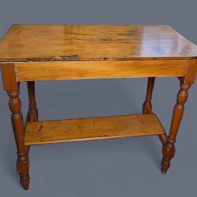 Vintage Primitive Farmhouse Style Pine Console Table with Turned Legs