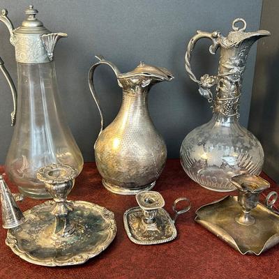 Vintage Silver Plate Claret Jugs & Chambersticks