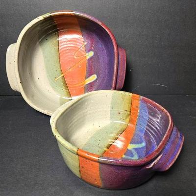 Signed Art Pottery Casserole Pair - 10 & 8.5”
