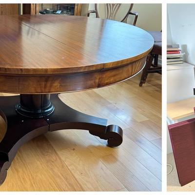 Vintage Dining Table with Pedestal Base, plus Six Leaves & Table Protectors