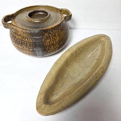 Art Pottery Lidded Pot 10” Diameter & Tray 15” Wide
