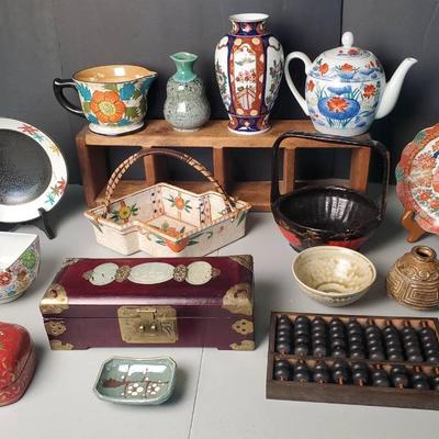 Asian Decor: Ceramic Vases, Teapot, Bowls, Jewelry Box With Jade & More