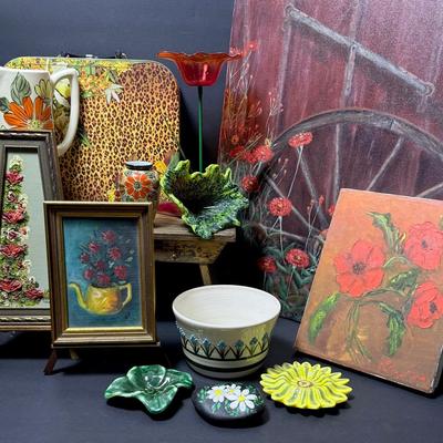 Floral Paintings & Decor Including Art Glass, Bowl, Pitcher & More