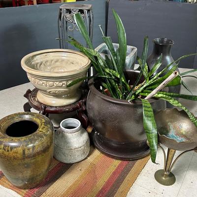 Ceramic Planters, Live Plant And Plant Stand 