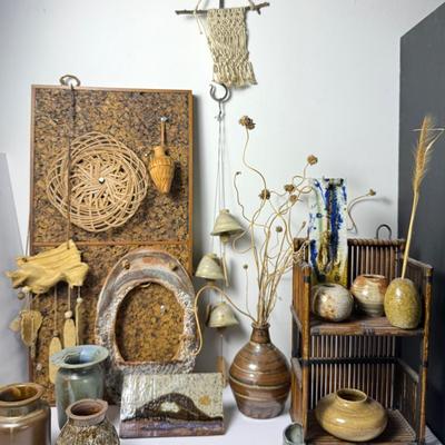 Art Pottery & Boho Decor: Vintage Cork Board 12x25”, Vases, Frame & More