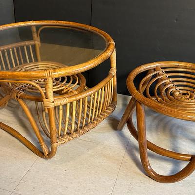 Rattan Glass Top Table With Magazine Storage Plus Footrest