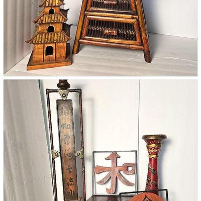 Asian Inspired Decor: Stool 22x10x16”, Candle Holders, Pagoda Birdhouse, More