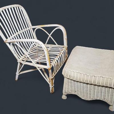 Vintage Rattan Chair 22x22x36” & Wicker Ottoman 21x21x15”