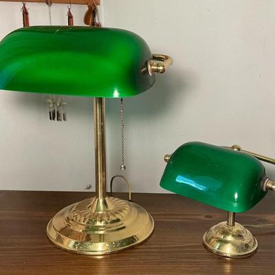 Vintage Green Glass Banker's Lamps - 13.75" & 7.25"