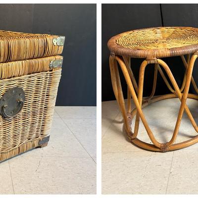 Wicker Chest 16x16”, Rattan Side Table 14x16”, Rope Foot Stool
