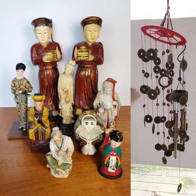 Asian Figurines - 5-17” And Wind Chimes Pair 