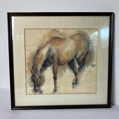 Signed Watercolor Grazing Horse Painting - Framed 16x17"