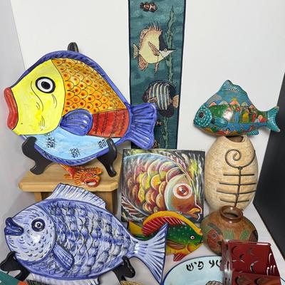 Fish Decor: Signed Painting 9x10”, Vase 12”, Ceramic Bowls & More
