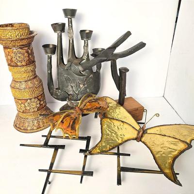 Brutalist Decor: 13” Railroad Spike Sculpture, Torch Cut Butterflies, Candle Holders