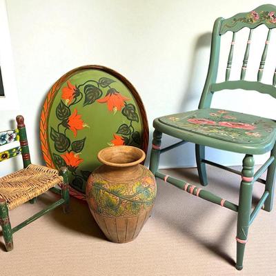 Painted Wood Chair 17x18x33”, Floral Clay Vase 14”h, Child’s Chair & Tray