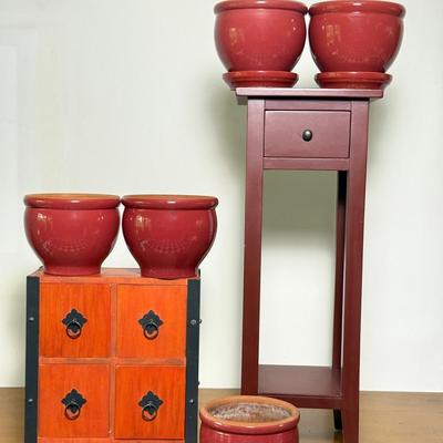 Plant Stand, Small Chest & Planters