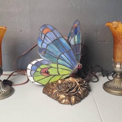 Stained Glass Butterfly & Tiffany Style Lily Flower Lamps - 9”h