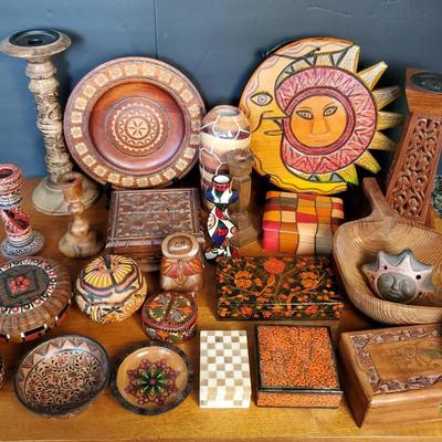 Carved Wooden Candle Holders, Trinket Boxes, Stoneware Vase & More
