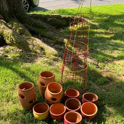 Red Planters 7.5” Dia, Clay Strawberry Pots 14”h, Tomato Cages