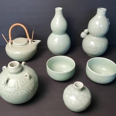 Asian Celadon Glaze Ceramics: Teapot, Vases & Bowls
