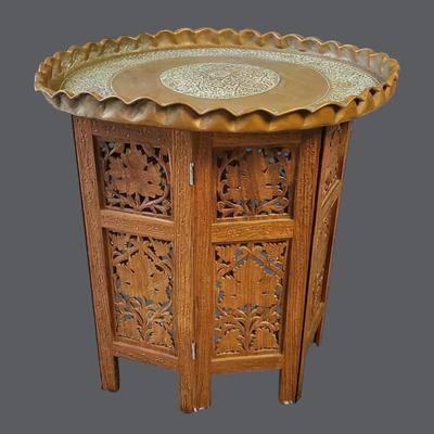 Carved Wood Table With Copper Tray Top Made In India