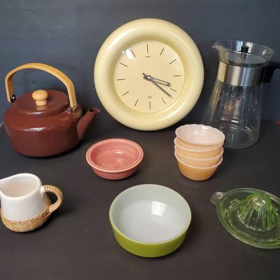 Uranium Glass Reamer, 1980s Mikasa Wall Clock, Metal Teapot & More Vintage Kitchen