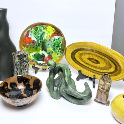Art Pottery: Abstract Figural Scultpure, 13”h Wavy Black Vase & More